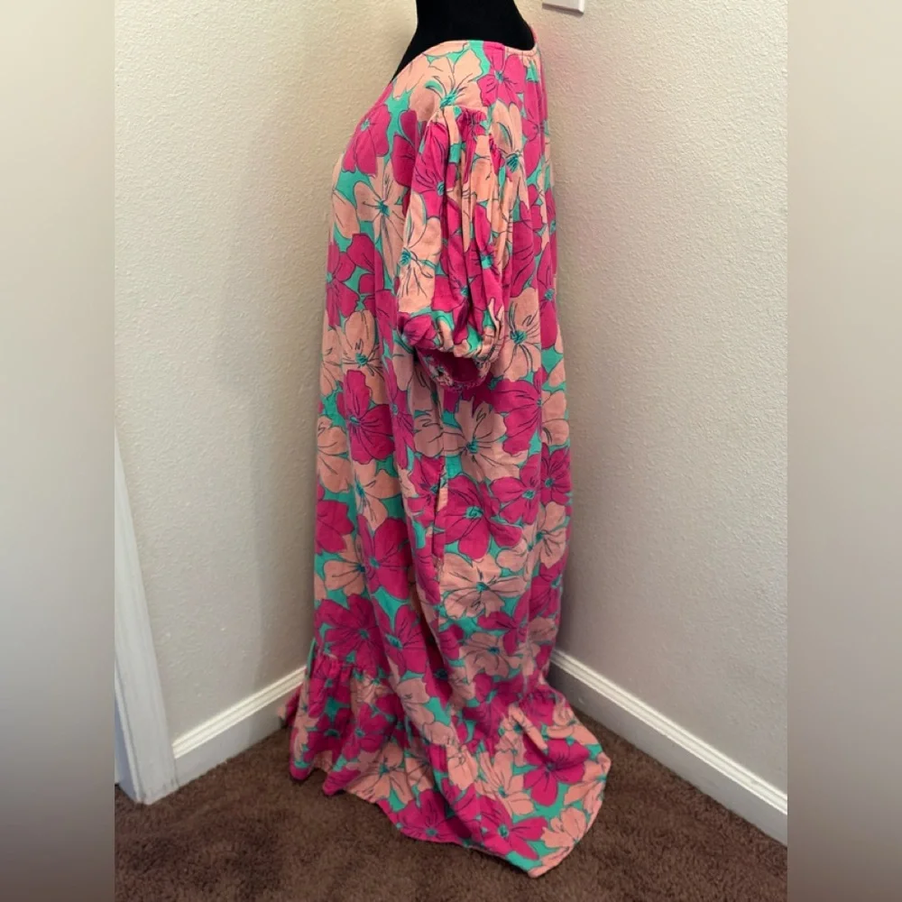 Oh Joy! The Odell Julia Linen Pink Floral Maxi Dress Puff Sleeve Anthro PLUS 2X - Picture 4 of 11